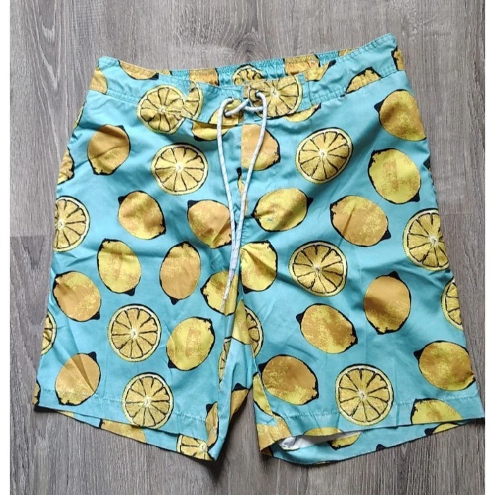St Johns Bay Swim‎ Shorts Tie Waist Size Large Brief Lined Blue Lemons